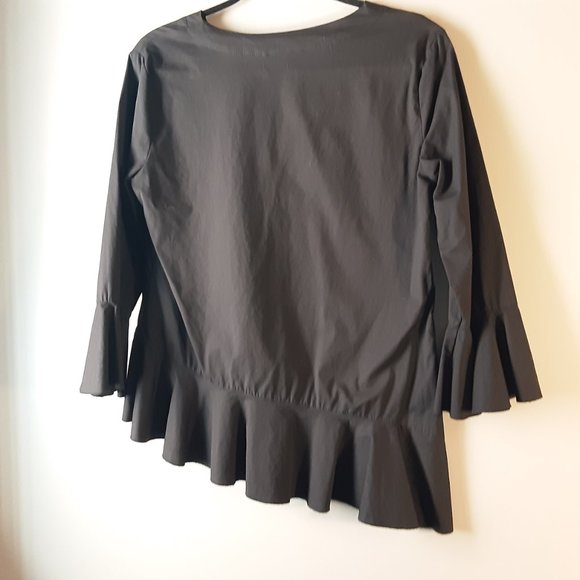 Kaktus Black Cotton Asymmetrical Ruffle V-neck Peplum Blouse - Picture 9 of 14